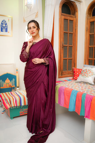Womens Stylish Plum Silk Saree 