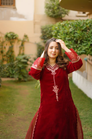 GULNAAR 3PC Red Velvet Dress Suit